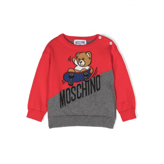 Detský sveter s Teddy Bear červeno sivý MOSCHINO